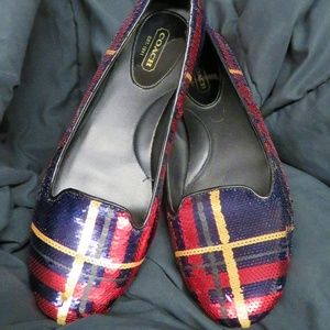 COACH Poppy Red & Navy TARTAN SEQUIN PLAID FLATS 8